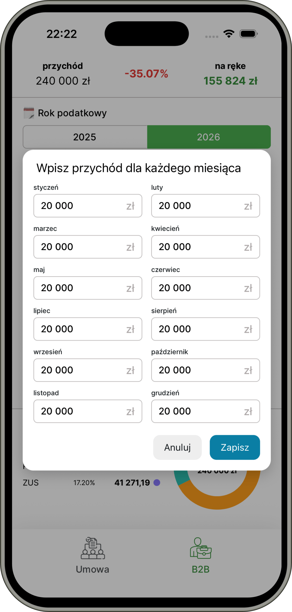 Wpisz przychód brutto za każdy miesiąc