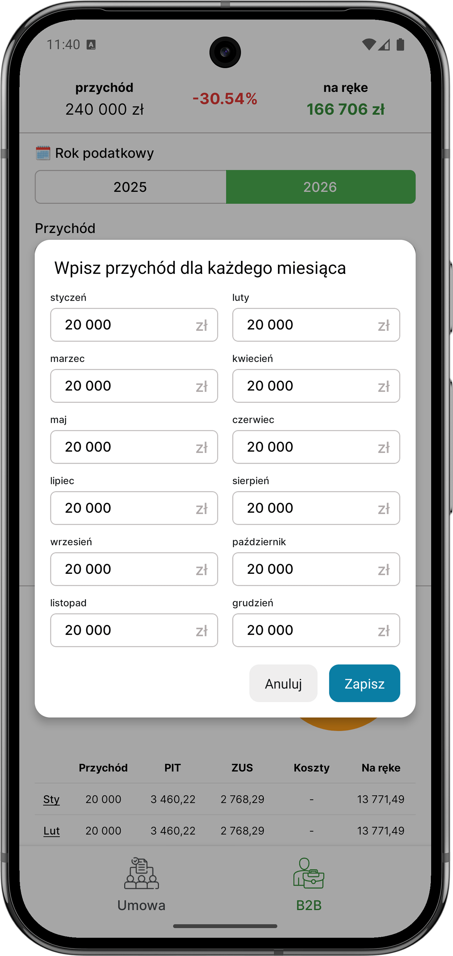 Wpisz przychód brutto za każdy miesiąc